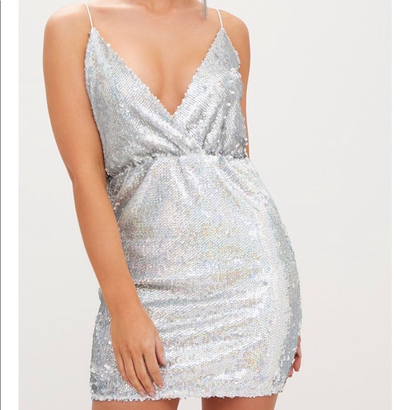 silver holographic sequin bodycon dress
